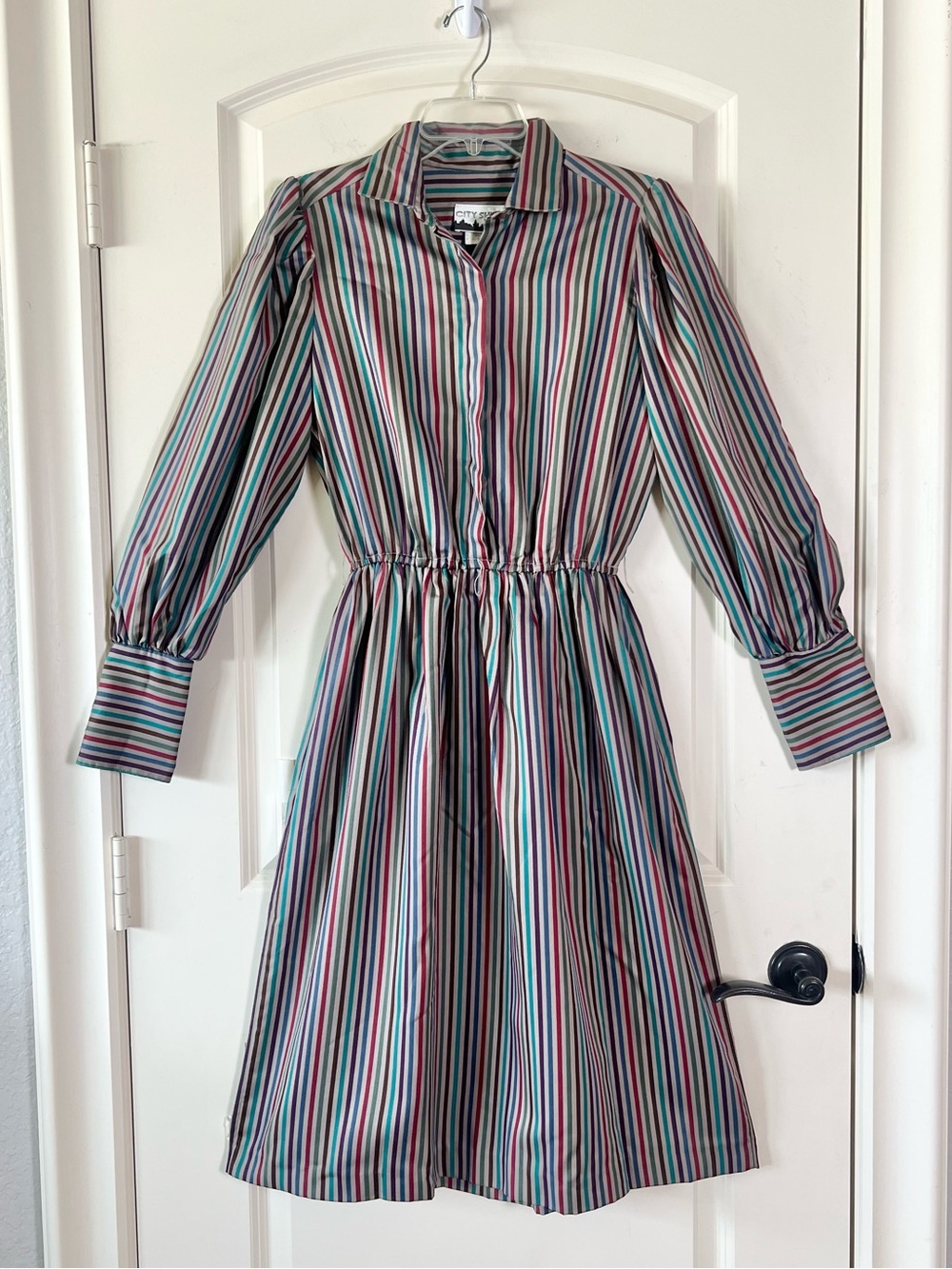 Vtg 80s Melissa Lane City Shirts Striped Secretary Midi Dress Bishop Sleeve
